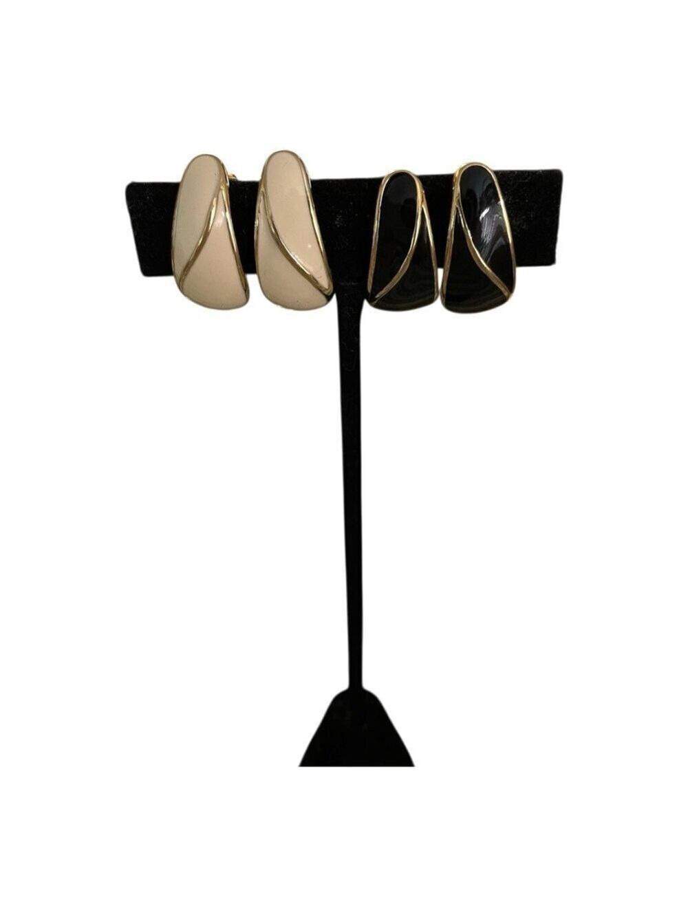 Vintage Two Pair Trifari Clip-On Cream Black Gold Vintage Tear-Drop Earrings